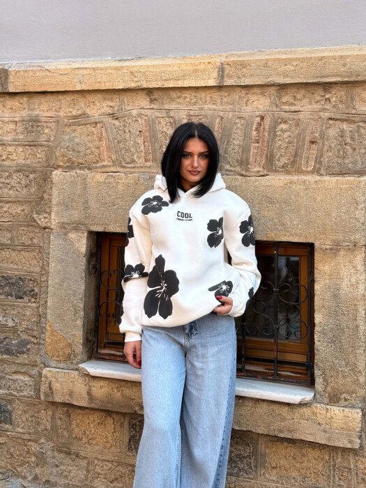 FLOWER DESIGN FLUFFY WOMAN HOODIE WHITE-E BARDHE - 