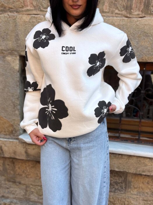 FLOWER DESIGN FLUFFY WOMAN HOODIE WHITE-E BARDHE - 2