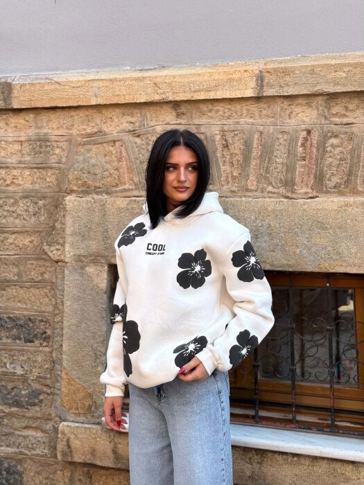 FLOWER DESIGN FLUFFY WOMAN HOODIE WHITE-E BARDHE - 3