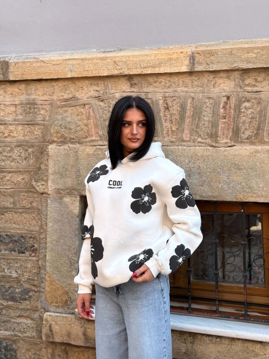 FLOWER DESIGN FLUFFY WOMAN HOODIE WHITE-E BARDHE - 3