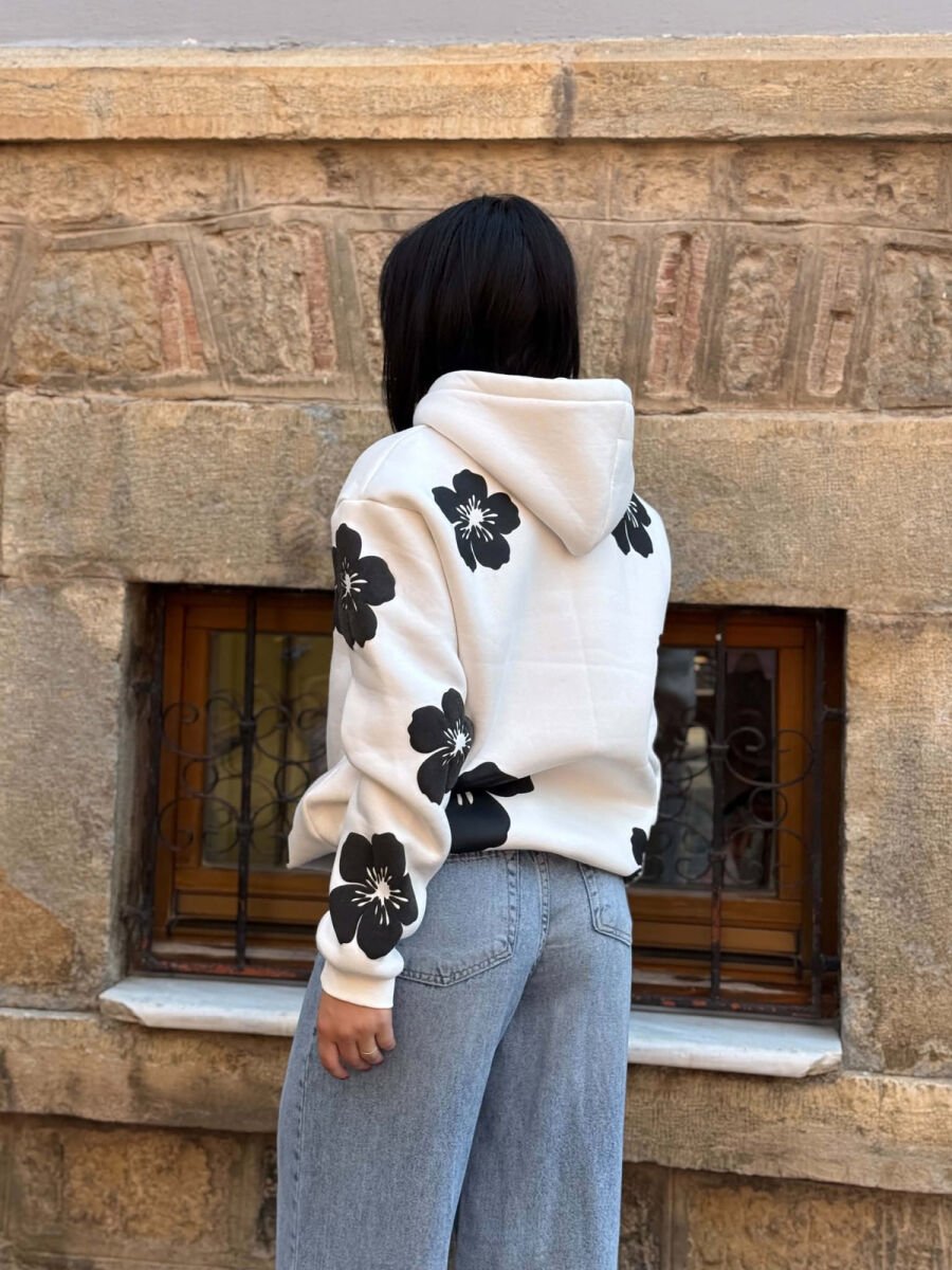 FLOWER DESIGN FLUFFY WOMAN HOODIE WHITE-E BARDHE - 5