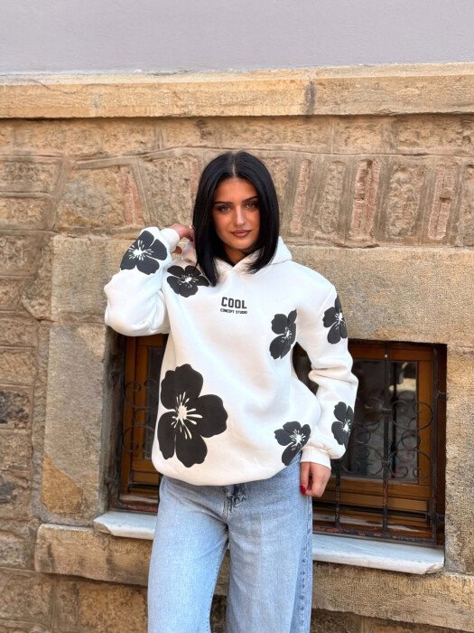 FLOWER DESIGN FLUFFY WOMAN HOODIE WHITE-E BARDHE - 6