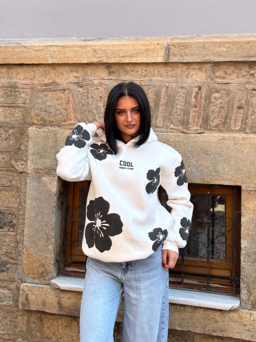 FLOWER DESIGN FLUFFY WOMAN HOODIE WHITE-E BARDHE - 6