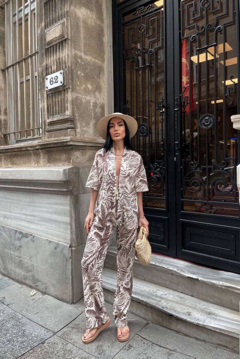 FLOWER DESIGN LACING SHIRT+TROUSERS WOMEN SET CREAM/KREM - KLAUDIO FASHION