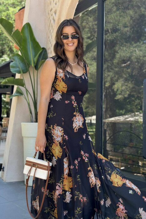 FLOWER DESIGN LACY LONG WOMEN DRESS BLACK/ E ZEZE - 3
