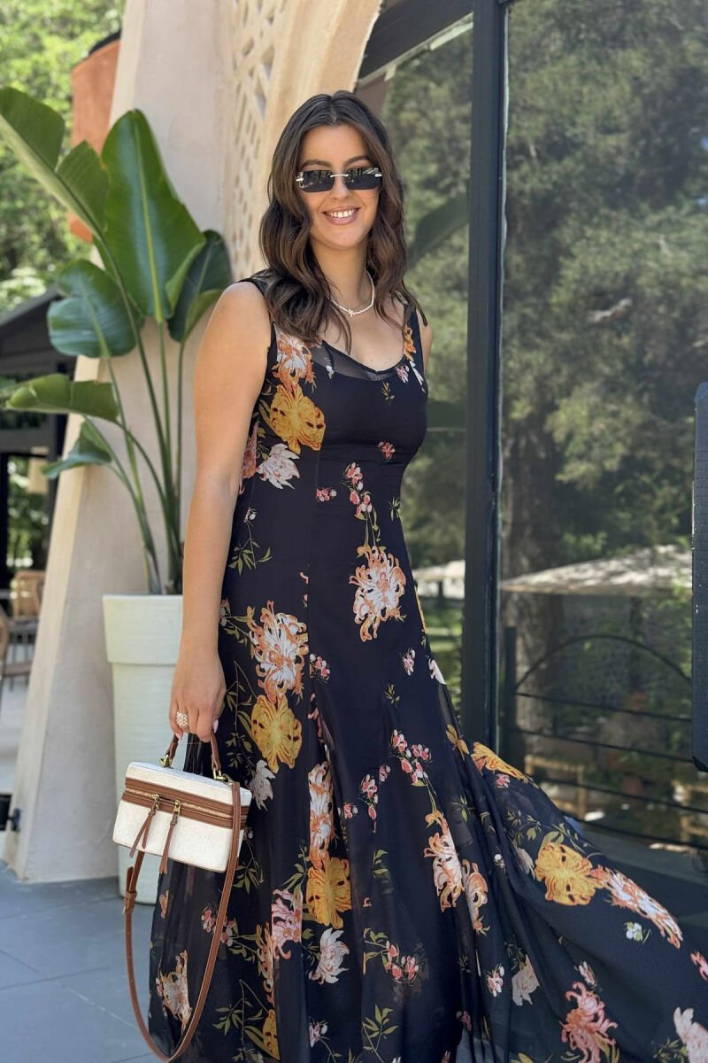 FLOWER DESIGN LACY LONG WOMEN DRESS BLACK/ E ZEZE - 3