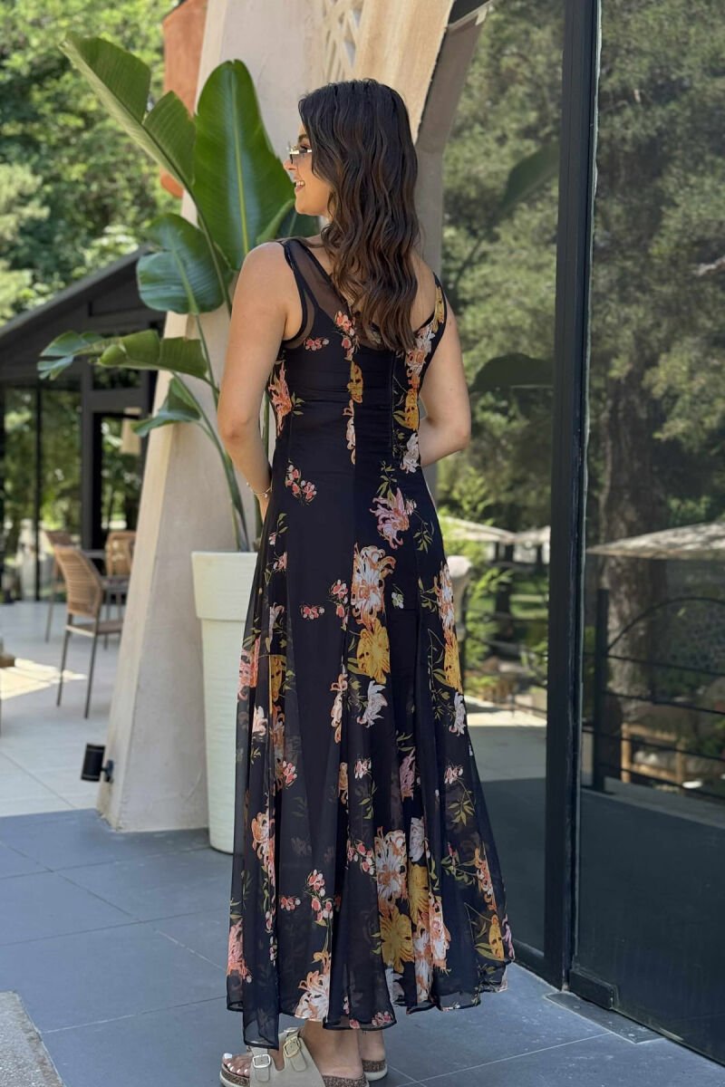 FLOWER DESIGN LACY LONG WOMEN DRESS BLACK/ E ZEZE - 4