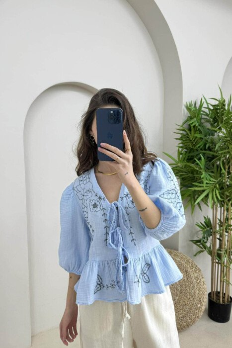 FLOWER DESIGN LINEN LACING WOMEN SHIRT LIGHTBLUE/BZ 