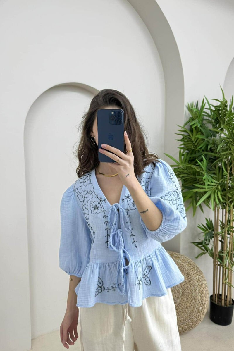 FLOWER DESIGN LINEN LACING WOMEN SHIRT LIGHTBLUE/BZ - 1