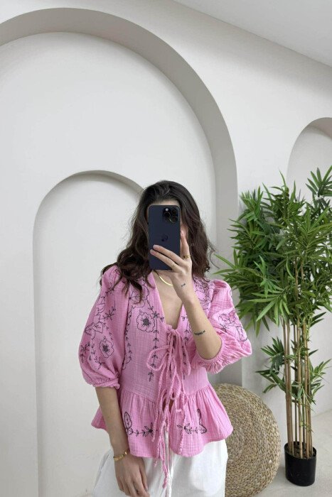 FLOWER DESIGN LINEN LACING WOMEN SHIRT PINK/ROZE 