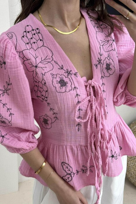 FLOWER DESIGN LINEN LACING WOMEN SHIRT PINK/ROZE - 3
