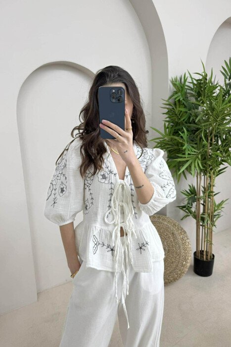 FLOWER DESIGN LINEN LACING WOMEN SHIRT WHITE-E BARDHE - KLAUDIO FASHION