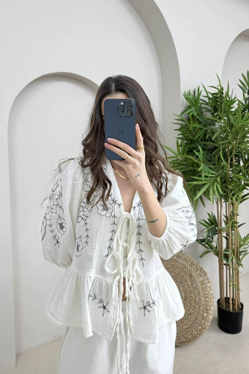 FLOWER DESIGN LINEN LACING WOMEN SHIRT WHITE-E BARDHE - 2