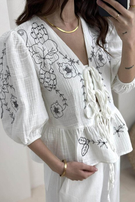 FLOWER DESIGN LINEN LACING WOMEN SHIRT WHITE-E BARDHE - 3