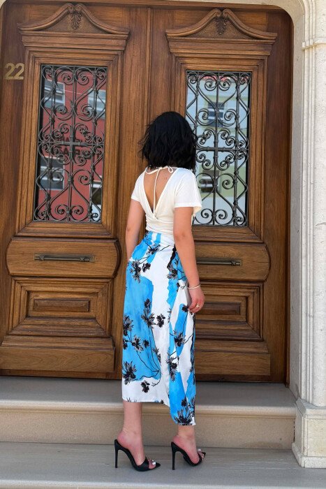 FLOWER DESIGN LONG WOMEN SKIRT WHITE-BLUE/BABL - 4