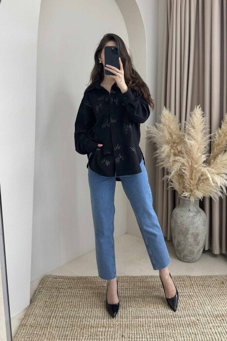 FLOWER DESIGN ONE COLOR WOMEN SHIRT BLACK/ E ZEZE - 1