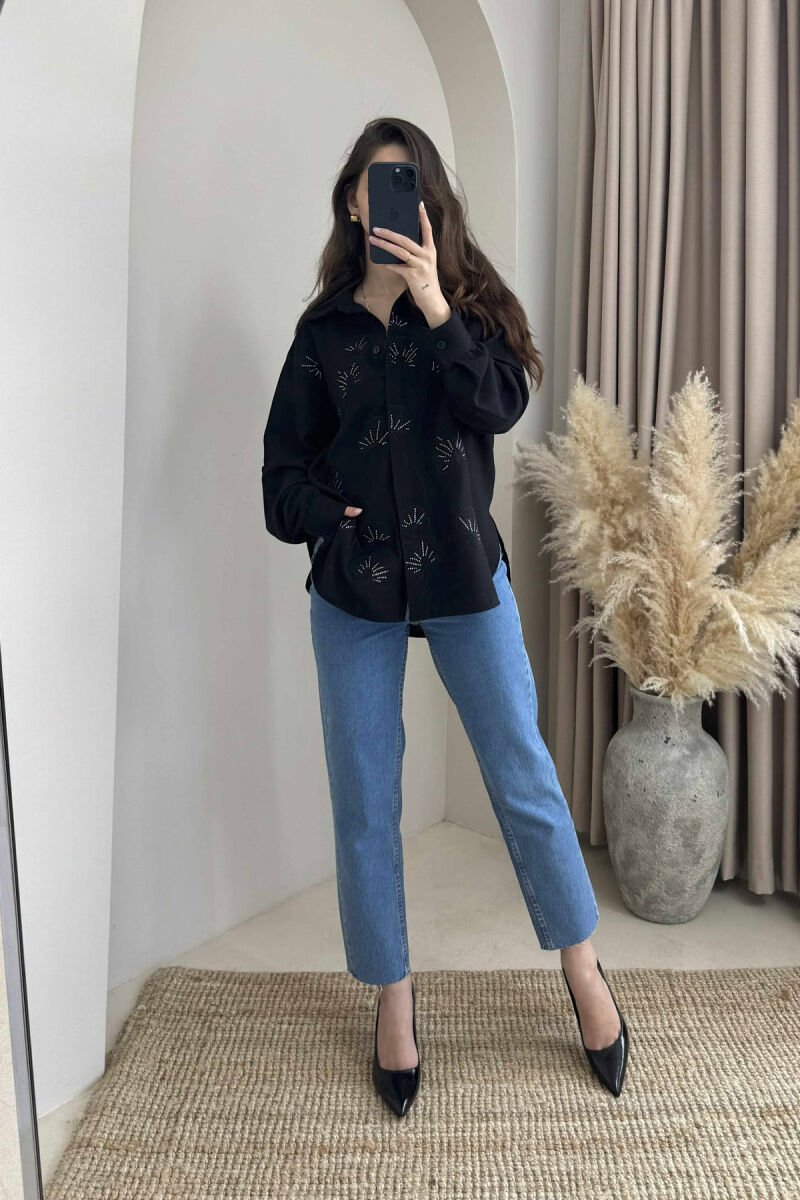 FLOWER DESIGN ONE COLOR WOMEN SHIRT BLACK/ E ZEZE - 1