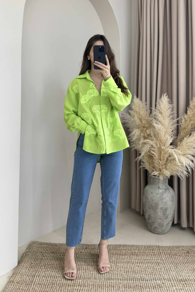 FLOWER DESIGN ONE COLOR WOMEN SHIRT LIGHT GREEN/JEZB - 1