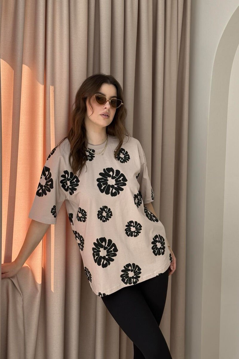 FLOWER DESIGN ROUND NECK WOMEN T-SHIRT BEIGE/BEZHE - 2