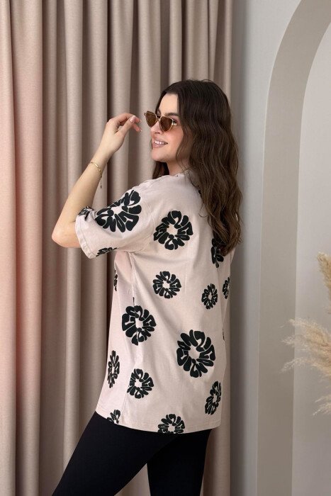 FLOWER DESIGN ROUND NECK WOMEN T-SHIRT BEIGE/BEZHE - 3