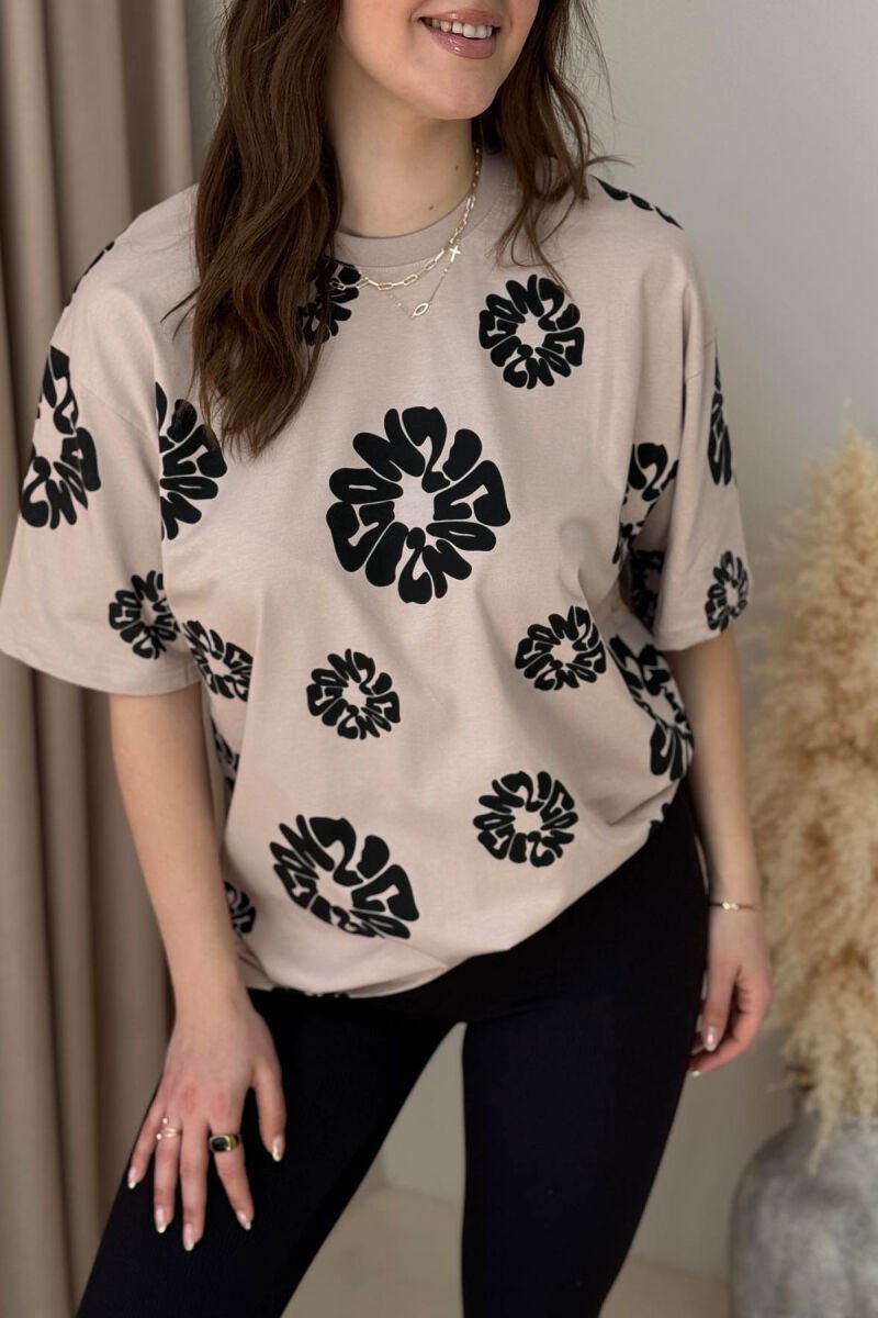 FLOWER DESIGN ROUND NECK WOMEN T-SHIRT BEIGE/BEZHE - 4