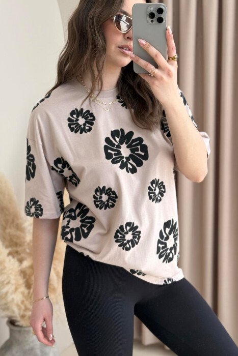 FLOWER DESIGN ROUND NECK WOMEN T-SHIRT BEIGE/BEZHE - 5