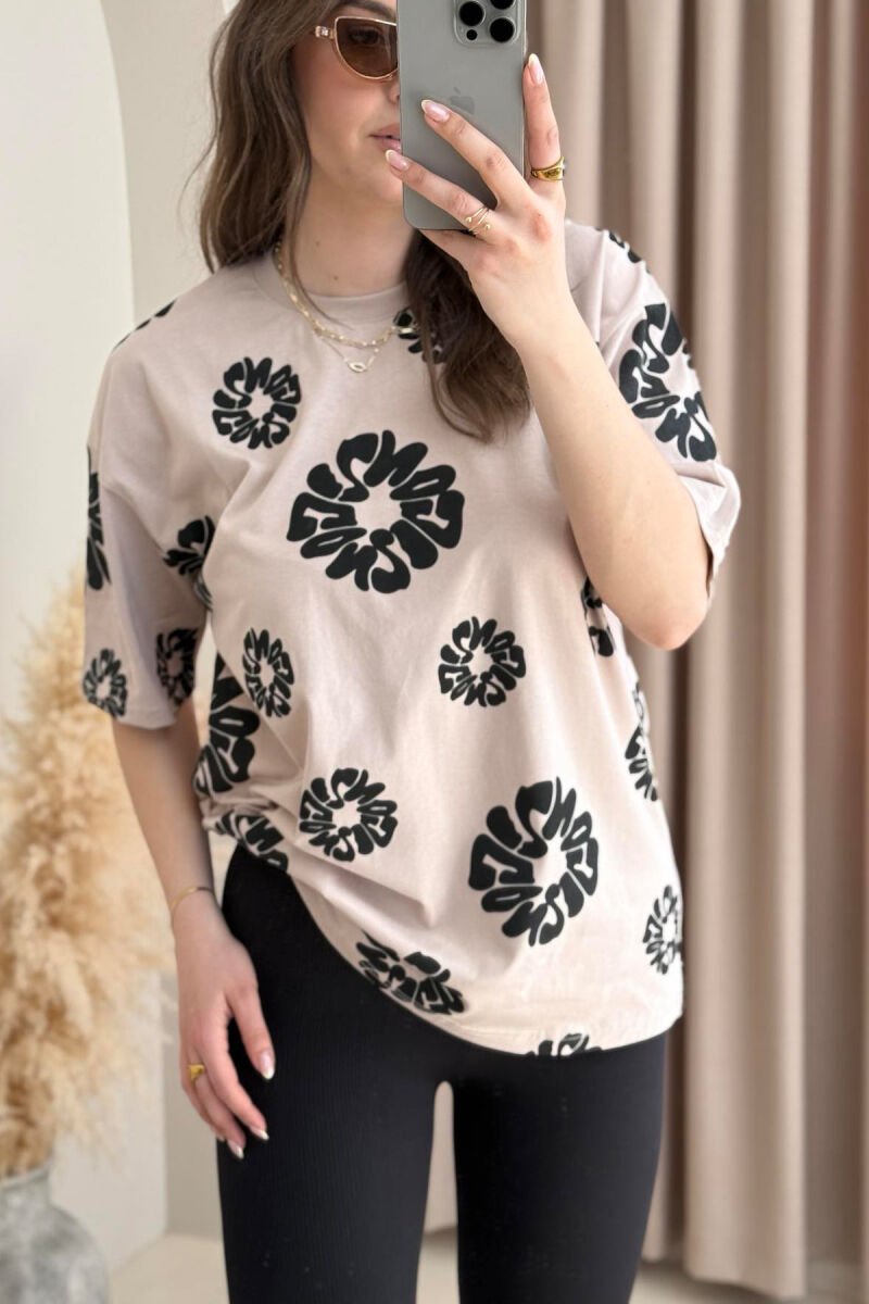FLOWER DESIGN ROUND NECK WOMEN T-SHIRT BEIGE/BEZHE - 6