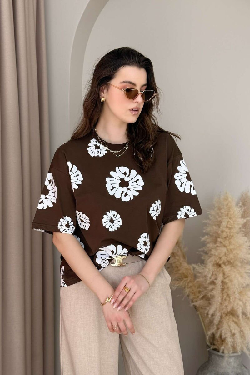 FLOWER DESIGN ROUND NECK WOMEN T-SHIRT BROWN/KAFE - 2