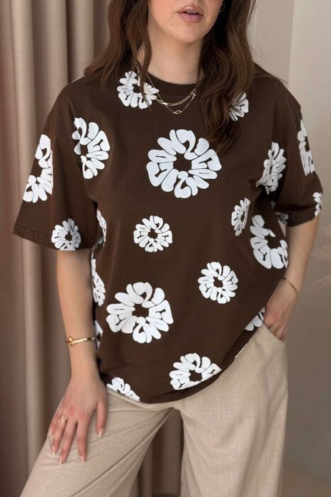 FLOWER DESIGN ROUND NECK WOMEN T-SHIRT BROWN/KAFE - 3