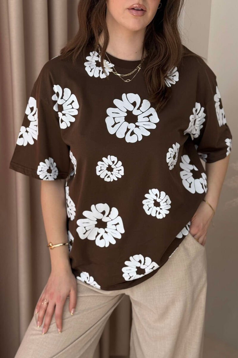 FLOWER DESIGN ROUND NECK WOMEN T-SHIRT BROWN/KAFE - 3