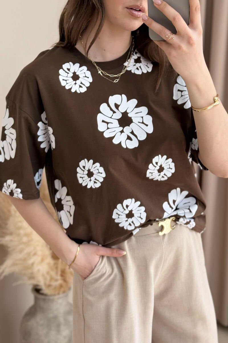 FLOWER DESIGN ROUND NECK WOMEN T-SHIRT BROWN/KAFE - 4