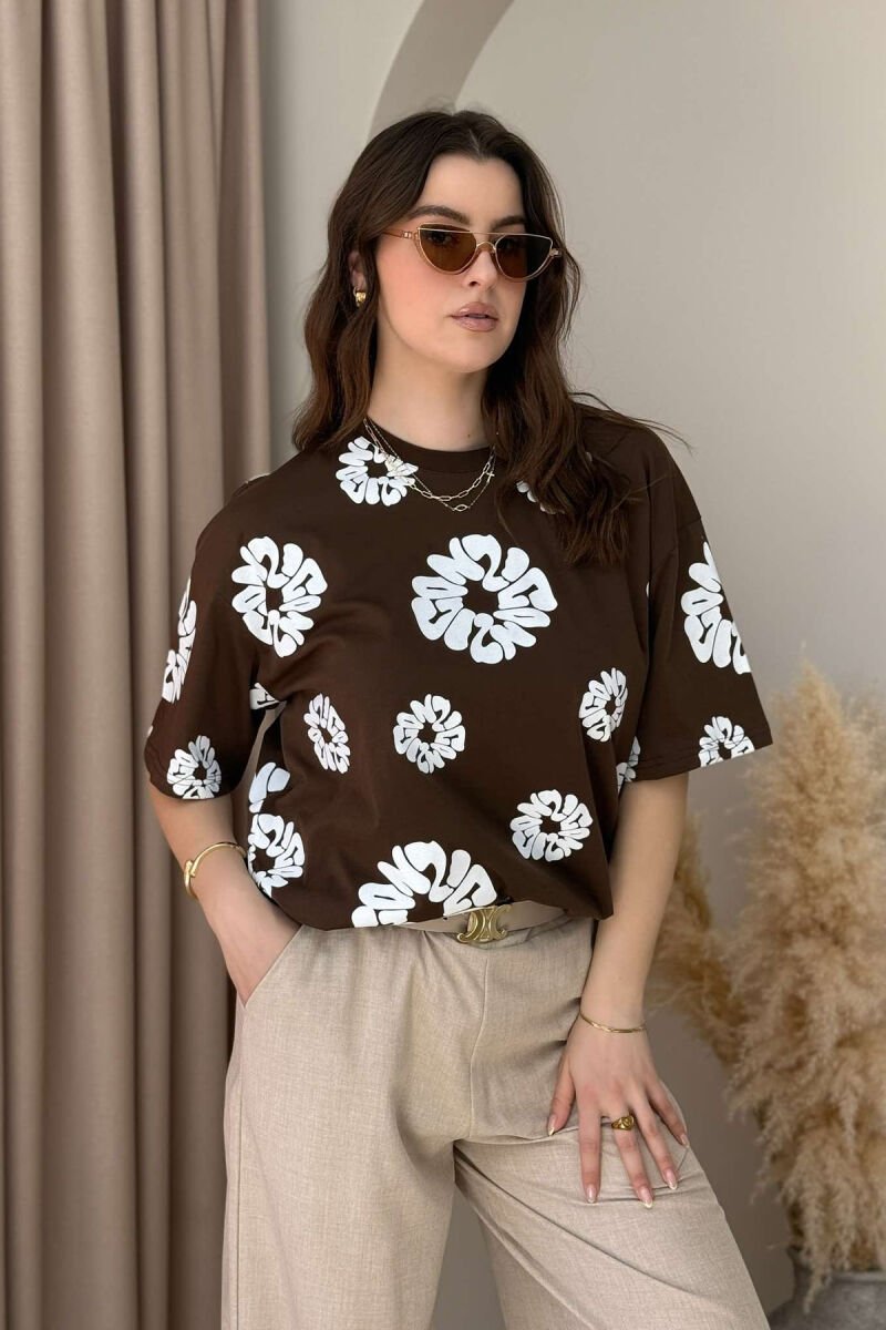 FLOWER DESIGN ROUND NECK WOMEN T-SHIRT BROWN/KAFE - 1