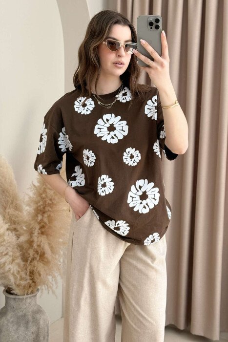 FLOWER DESIGN ROUND NECK WOMEN T-SHIRT BROWN/KAFE - 5