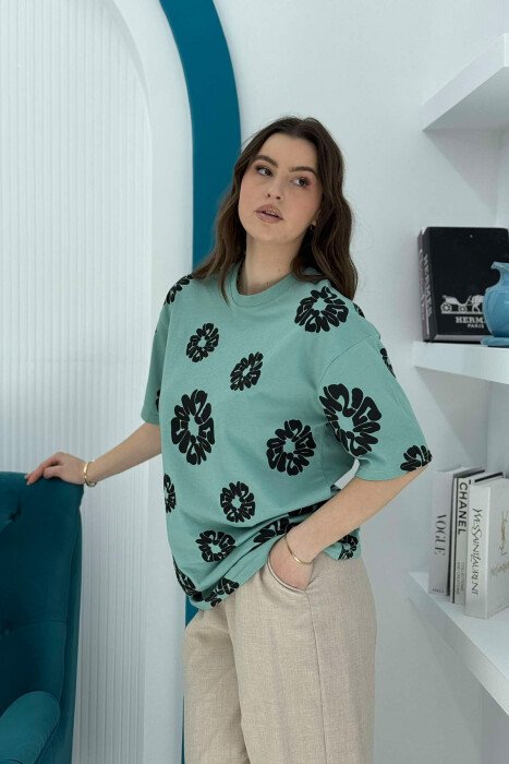 FLOWER DESIGN ROUND NECK WOMEN T-SHIRT MINT/MENTE 