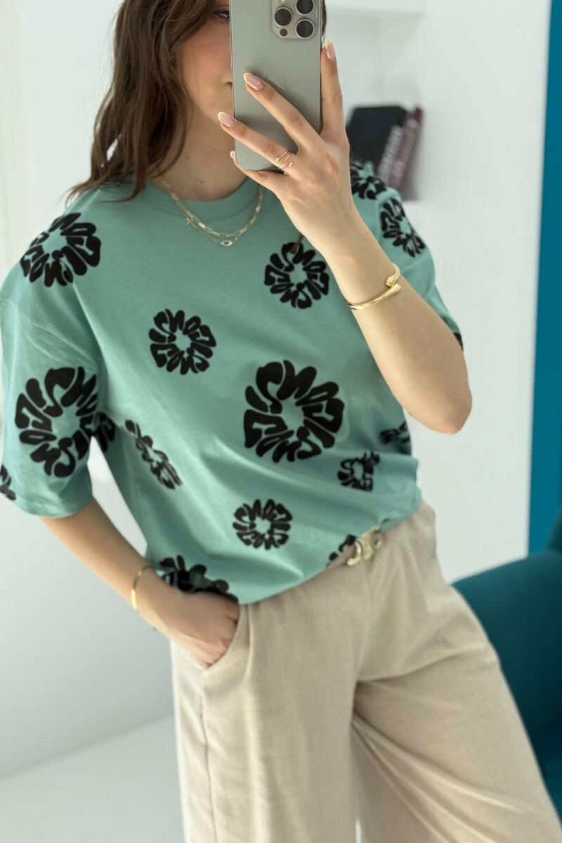 FLOWER DESIGN ROUND NECK WOMEN T-SHIRT MINT/MENTE - 2