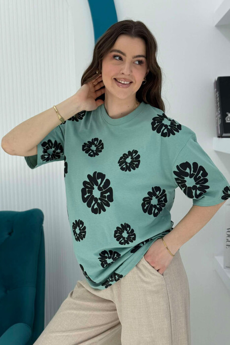FLOWER DESIGN ROUND NECK WOMEN T-SHIRT MINT/MENTE - 3