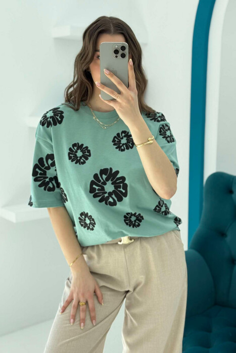 FLOWER DESIGN ROUND NECK WOMEN T-SHIRT MINT/MENTE - 4