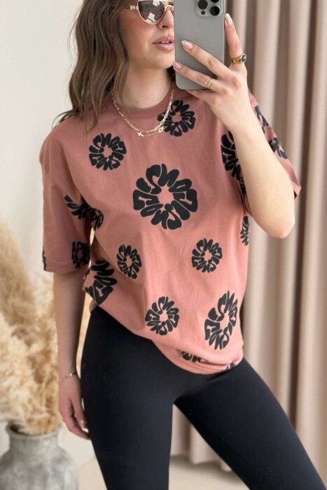 FLOWER DESIGN ROUND NECK WOMEN T-SHIRT POWDER/PUDER - 2