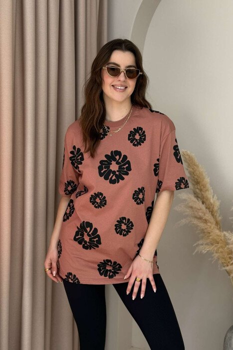 FLOWER DESIGN ROUND NECK WOMEN T-SHIRT POWDER/PUDER - 1