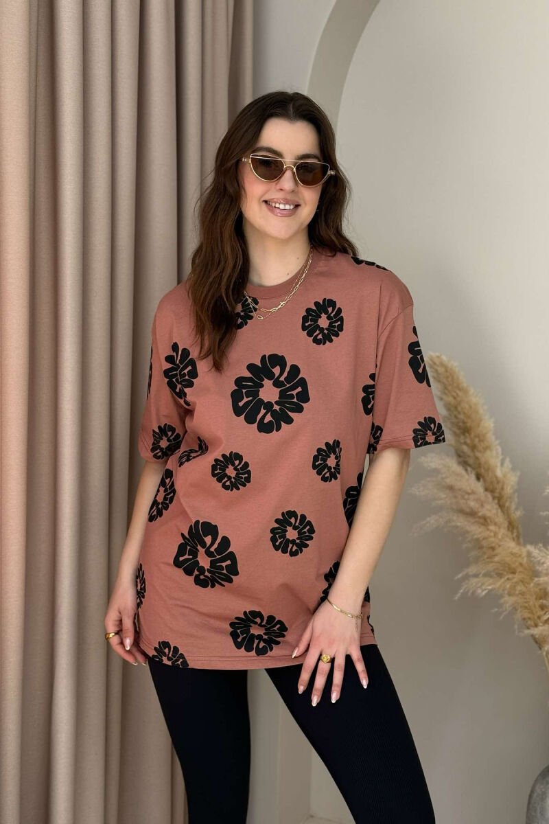 FLOWER DESIGN ROUND NECK WOMEN T-SHIRT POWDER/PUDER - 1