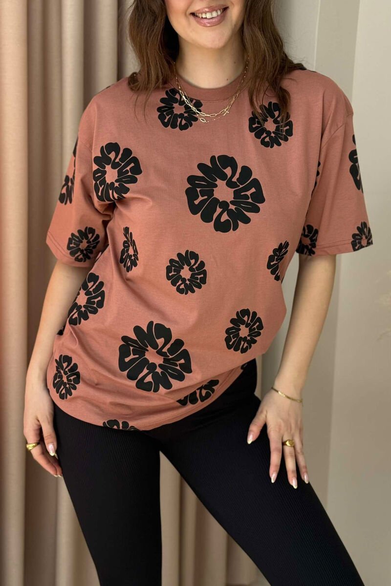 FLOWER DESIGN ROUND NECK WOMEN T-SHIRT POWDER/PUDER - 3