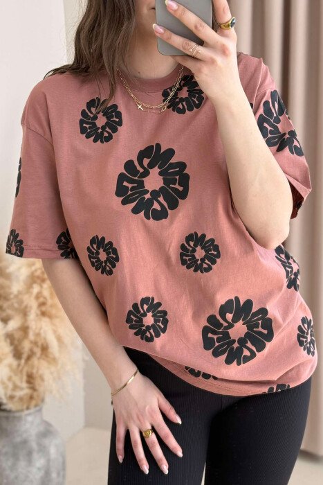FLOWER DESIGN ROUND NECK WOMEN T-SHIRT POWDER/PUDER - 4