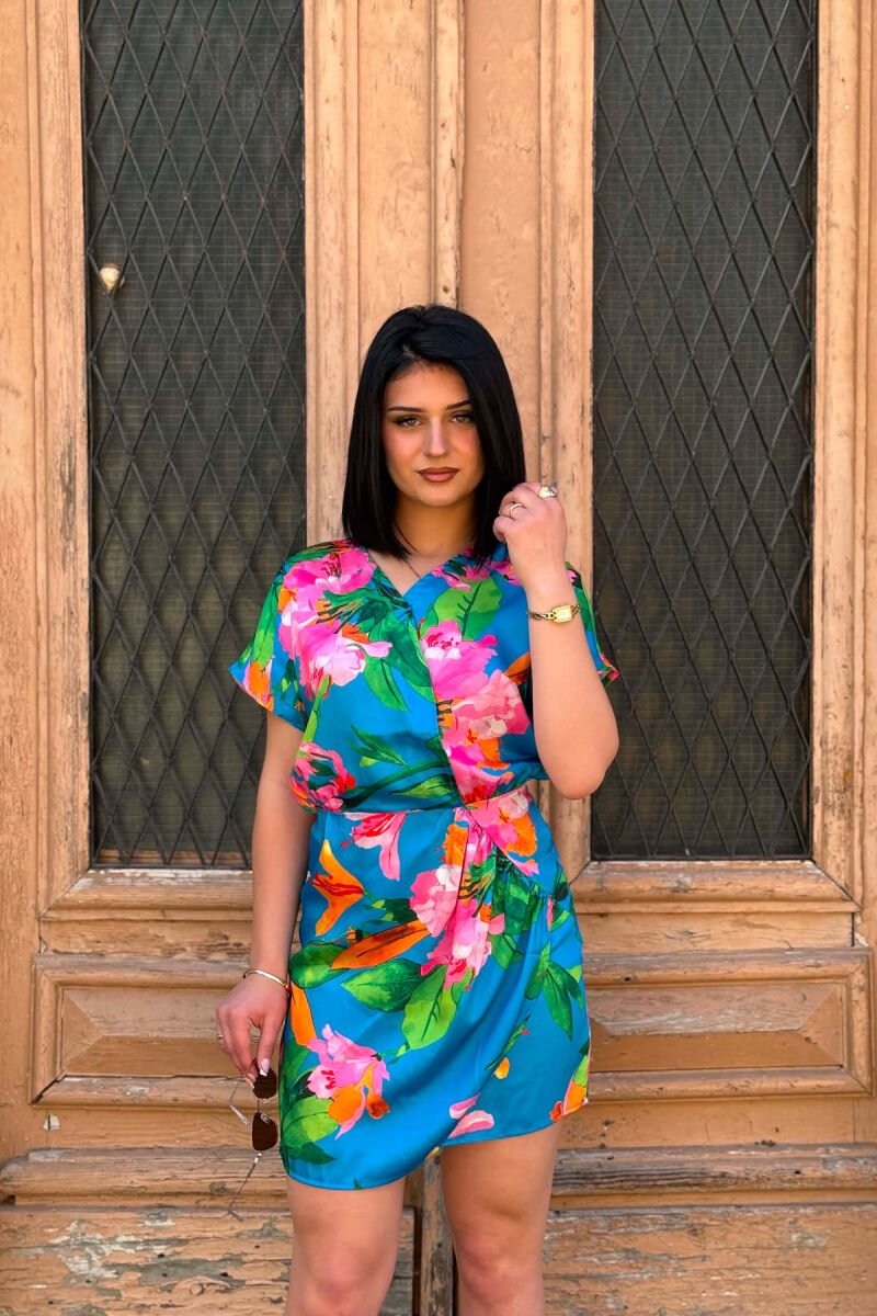 FLOWER DESIGN SHORT SLEEVE WOMAN DRESS BLUE/BLU - 3