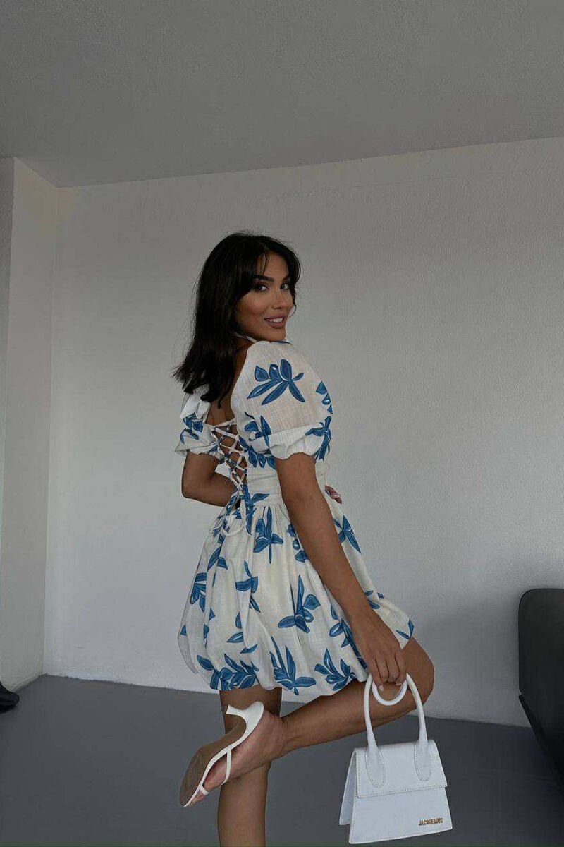 FLOWER DESIGN SHORT WOMEN DRESS BLUE-CREAM/BLKR - 3
