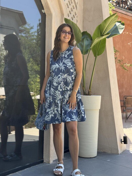 FLOWER DESIGN SHORT WOMEN DRESS BLUE/BLU - KLAUDIO FASHION