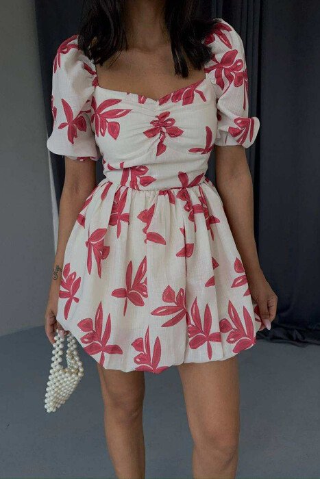 FLOWER DESIGN SHORT WOMEN DRESS CREAM-PINK/KREM-ROZE - 3