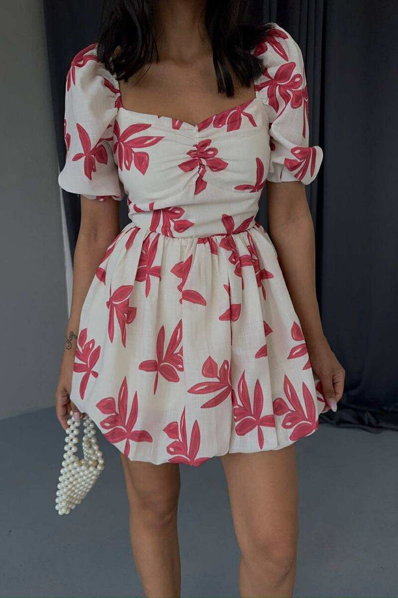 FLOWER DESIGN SHORT WOMEN DRESS CREAM-PINK/KREM-ROZE - 3