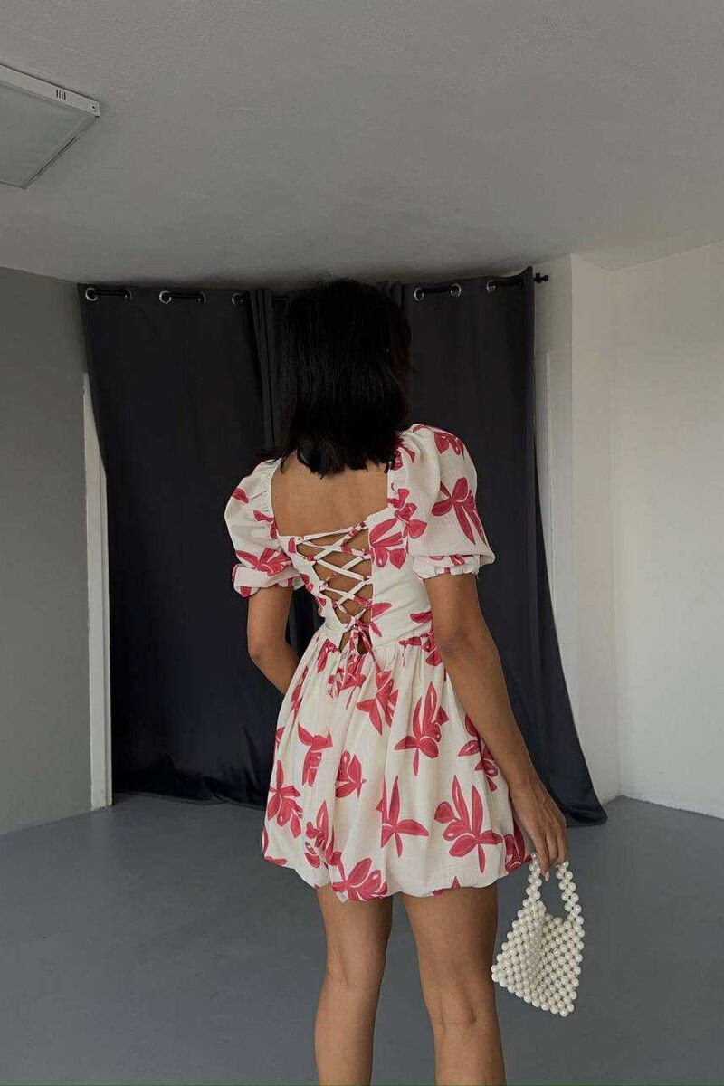 FLOWER DESIGN SHORT WOMEN DRESS CREAM-PINK/KREM-ROZE - 7