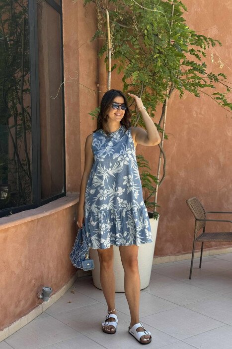 FLOWER DESIGN SHORT WOMEN DRESS LIGHTBLUE/BZ - 6