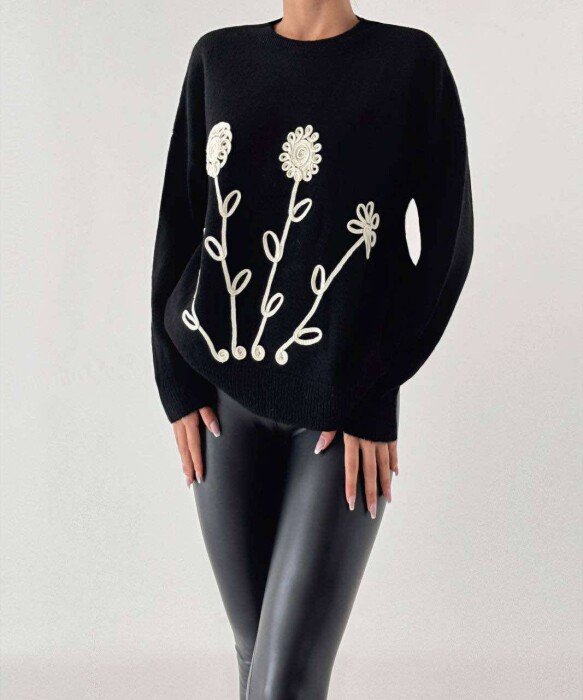 FLOWER DESIGN SIMPLE WOMEN SWEATER BLACK/ E ZEZE - KLAUDIO FASHION